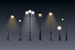 © ssstocker - Realistic lampposts. Outdoor streetlamp, vintage antique lamppost or modern streetlight for night city park street light decoration lamp pole lantern, set exact vector illustration