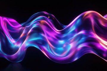 Wall Mural - Abstract fluid 3D render with a black background and holographic, iridescent neon curved wave in motion. Abstract fluid iridescent holographic curved wave in motion colorful gradient. MZ 