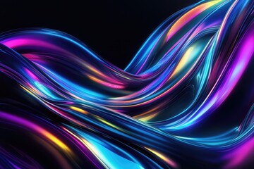 Wall Mural - Abstract fluid 3D render with a black background and holographic, iridescent neon curved wave in motion. Abstract fluid iridescent holographic curved wave in motion colorful gradient. MZ 