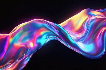Wall Mural - Abstract fluid 3D render with a black background and holographic, iridescent neon curved wave in motion. Abstract fluid iridescent holographic curved wave in motion colorful gradient design. MZ 