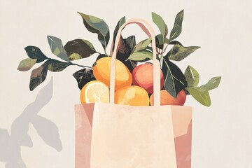 Aufkleber - Modern illustration of a grocery bag filled with fresh organic fruits and vegetables in soft earthy colors Generative AI
