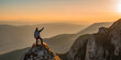 © Malik Nalik - A happy man hikers standing with arms up on the mountain top celebrates successful completed hiking route with a panorama landscape, adventure travel. Concept of success, win, reaching a goals.