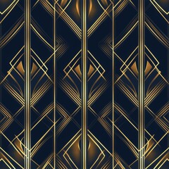 Poster - Seamless Art Deco pattern featuring luxurious golden lines on a dark navy background creating an elegant geometric design for timeless appeal Generative AI