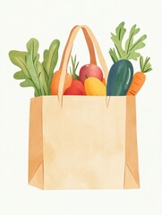 Poster - Modern illustration showcasing a grocery bag filled with organic fruits and vegetables in soft earthy colors for eco-friendly lifestyles Generative AI