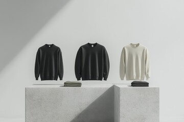 Poster - Stylish presentation of three distinct sweaters on a minimalist display in bright natural light