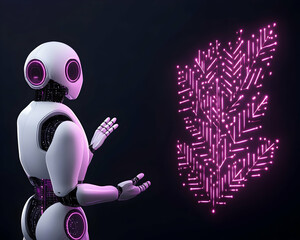 Wall Mural - futuristic robot presenting glowing circuit board hologram