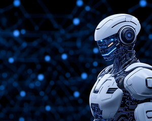 Wall Mural - futuristic white robot against a dark, glowing circuit background