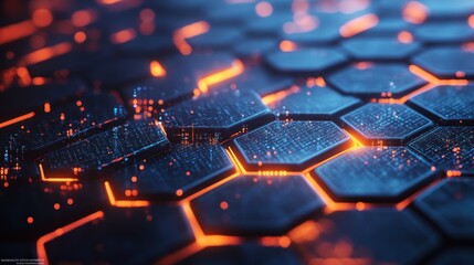 A 3D futuristic technology background featuring hexagonal grid patterns and flowing digital code over illuminated surfaces.