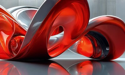 Wall Mural - dynamic abstract design in red and silver with fluid shapes and glossy surfaces creating a modern vi