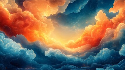 Wall Mural - A majestic celestial painting of swirling clouds displaying vivid orange and blue hues, creating a breathtaking spectacle. The artwork captures the ethereal essence of the sky