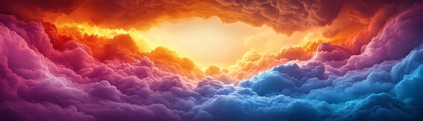 Wall Mural - Vibrant sunset with a stunning array of colors, with the sun bursting through the clouds. The clouds display a magnificent dance of colors