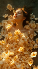 Wall Mural - Woman Reclining Amidst Pale Yellow Flowers