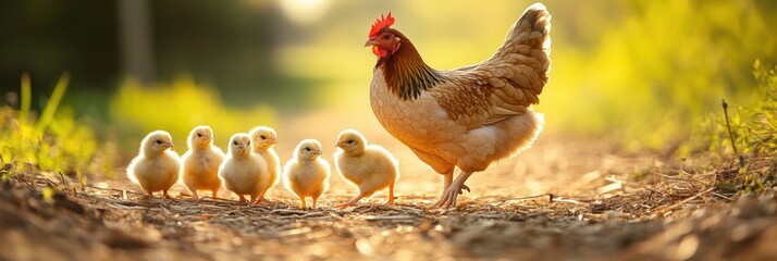 Poster - Mother hen walks with her chicks on soft straw-covered ground in warm natural tones with a blurred background Generative AI