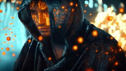 Aufkleber - A cybersecurity expert stands under rain-soaked city lights, their face illuminated with glowing data patterns. The scene highlights a focus on data breaches and risk management in a modern setting.