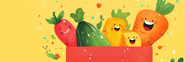 Poster - Playful vegetables hop out of a shopping bag in bright colors for a fun shopping adventure in a cheerful kitchen Generative AI