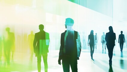 Silhouettes of business people standing in front of and behind each other, against the background there is an abstract white gradient with shades from green to blue Generative AI