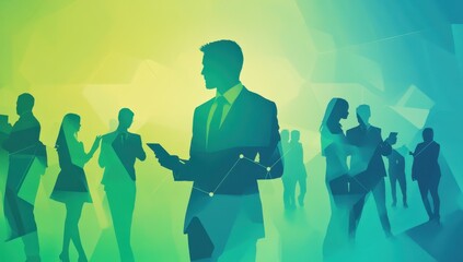 A gradient background of silhouettes in shades from green to blue, with some figures holding digital devices and others standing around each other as if they were at an event or conference Generative 