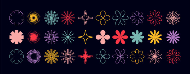 Leinwandbilder - Vector Simple Flower Icons. Shapes. Abstract Modern Graphic Elements. A Set of Retro Simple Flat Forms on a Black Background. Geometric Flowers and Stars Stickers. Minimal Circle Symbols