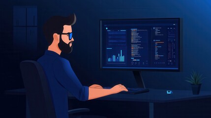 Wall Mural - modern data analysis workspace with male analyst using computer screen for data visualization and in