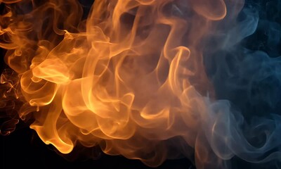 Wall Mural - Dynamic Swirling Flames and Smoke Creating an Abstract Visual Composition with Vibrant Orange and Deep Blue Background