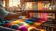 © Masha - A skilled Indian artisan hand-weaving a silk saree on a wooden loom, surrounded by vibrant threads and fabrics in a traditional workshop with sunlight streaming through the windows