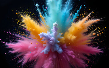 colorful powder explosion on black background. abstract pastel color dust particles splash. explosio