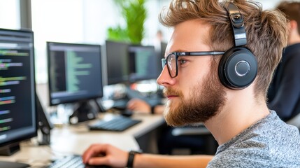 Focused programmer with headphones in tech office