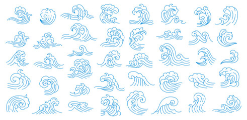 Ocean sea asian japanese and chinese wave icons. Vector line art graphic waves with vintage oriental pattern of blue water splashes and swirls. Asian beach surf, ocean tsunami or storm icons set
