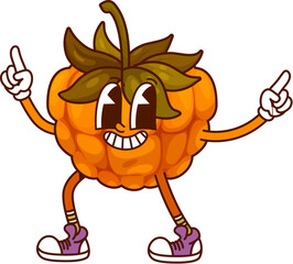 Poster - Cartoon groovy cloudberry berry character. Isolated vector ripe and healthy cheerful and funky retro fruit y2k personage with green leaves on top, large eyes, sneakers and smiling facial expression
