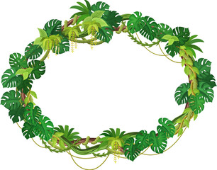 Wall Mural - jungle tropical forest liana frame with green leaves and plants, vector ivy branches. round circle l