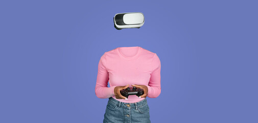 Poster - A person using virtual reality goggles plays a game, fully immersed in a digital experience. They hold a gaming controller while the background is a solid color, emphasizing the technology.