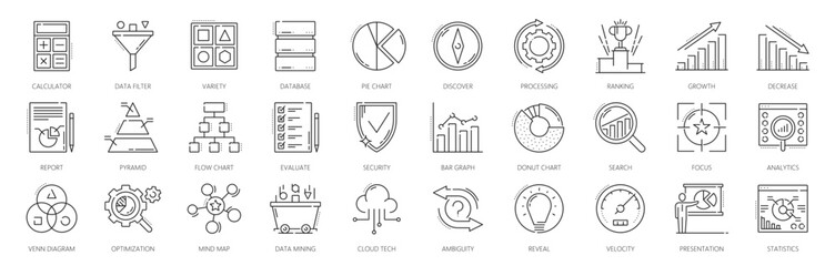 Aufkleber - Data analytics and analysis icons of charts and diagrams for business research, vector line symbols set. Data analysis icons of business performance and optimization for digital market analysis