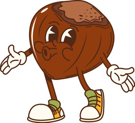 Poster - Cartoon groovy hazelnut nut character in retro sneakers joyfully whistling, showcasing funky and upbeat y2k vibe. Isolated vector playful food y2k personage spreading happiness and hippie energy