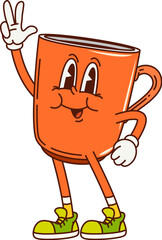 Poster - Cartoon groovy tea cup character. Isolated vector orange porcelain hot coffee mug y2k personage flashing a peace sign. Retro breakfast drink with a cheerful expression, wearing vintage hippie sneakers
