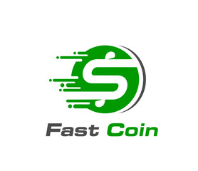 Aufkleber - Fast coin icon for quick money transfer, cash exchange or pay and credit, vector sign. Dollar coin in fast speed motion for online money transfer or bank loans and crypto currency or digital wallet