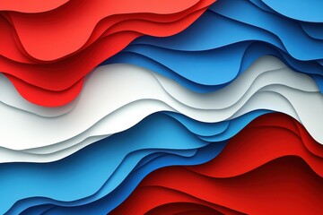Fototapete - Dynamic layered waves in red, blue, and white create a vibrant abstract paper art background symbolizing movement and national pride Generative AI