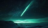 A green comet is shooting through the sky above a snowy landscape