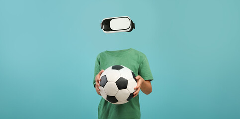 Poster - Wearing a virtual reality headset, a person is engaged in an immersive experience while holding a soccer ball. The minimalist background enhances the focus on the gadget and the activity.