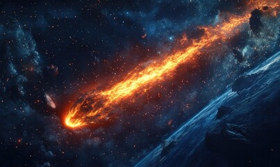 Wall Mural - a fiery comet is streaking through the sky, leaving a trail of fire behind it