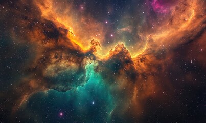Wall Mural - a colorful space scene with a large orange cloud and green and blue clouds