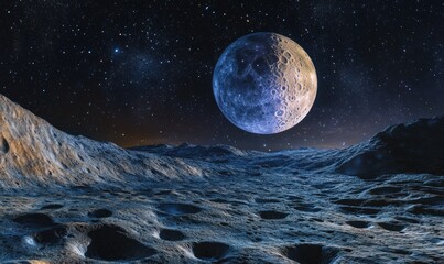 Wall Mural - a large moon is in the sky above a rocky, barren landscape