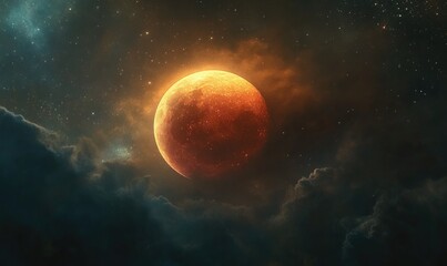 Wall Mural - a red planet is in the sky with a cloudy background