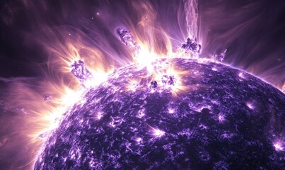 Wall Mural - a purple and orange planet with a bright sun in the background
