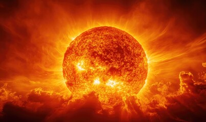 Wall Mural - a large orange sun is surrounded by clouds