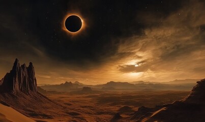 Wall Mural - a large red sun is in the sky above a desert landscape