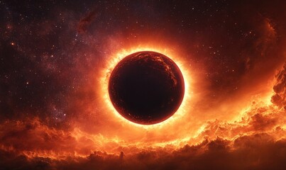 Wall Mural - a large red sun is in the center of a cloudy sky
