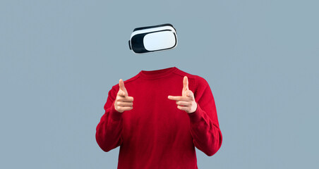 Poster - A person uses a virtual reality headset, indicating interaction with a digital environment. The individual is isolated against a neutral background, emphasizing the advanced technology involved.