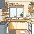 © 윤상필 - 일러스트로 표현된 따뜻한 햇살의 현대 주방, AI 생성