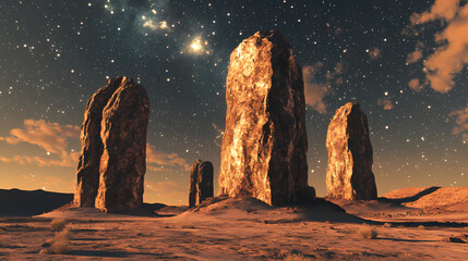 Wall Mural - Dreamlike desert landscape with towering red rock formations under a clear twilight sky filled with stars and a faint milky way, surreal beauty. Twilight Stone. Illustration