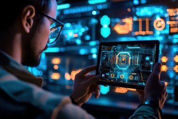 Tech Specialist Analyzing Data on Tablet with Futuristic Office.